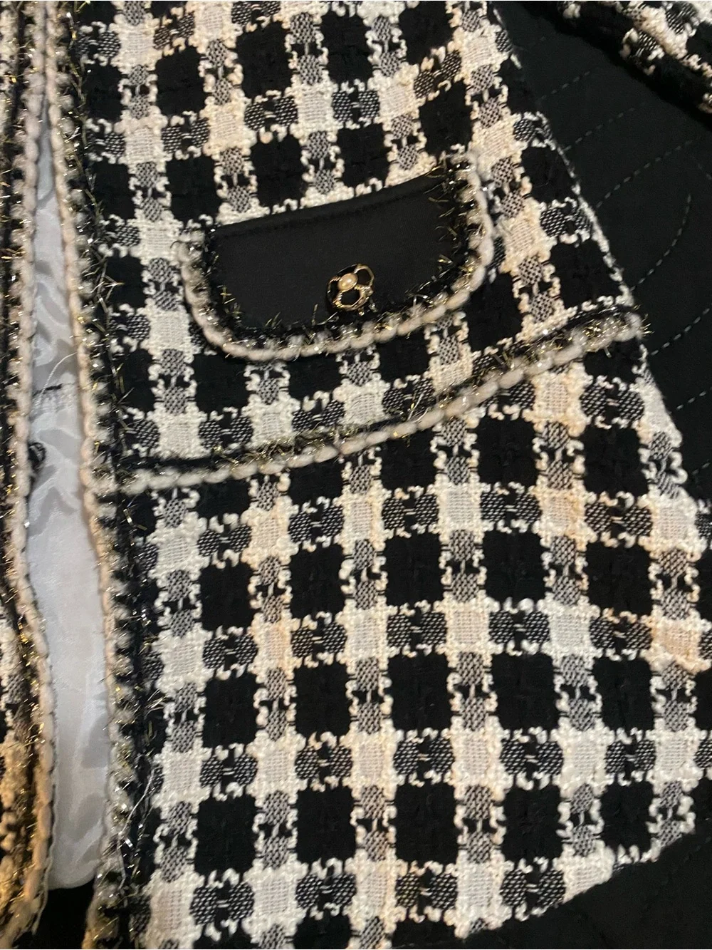 Blueberi Boulevard Girls 3T Black White Silver Trim Tweed Check Print Open Coat